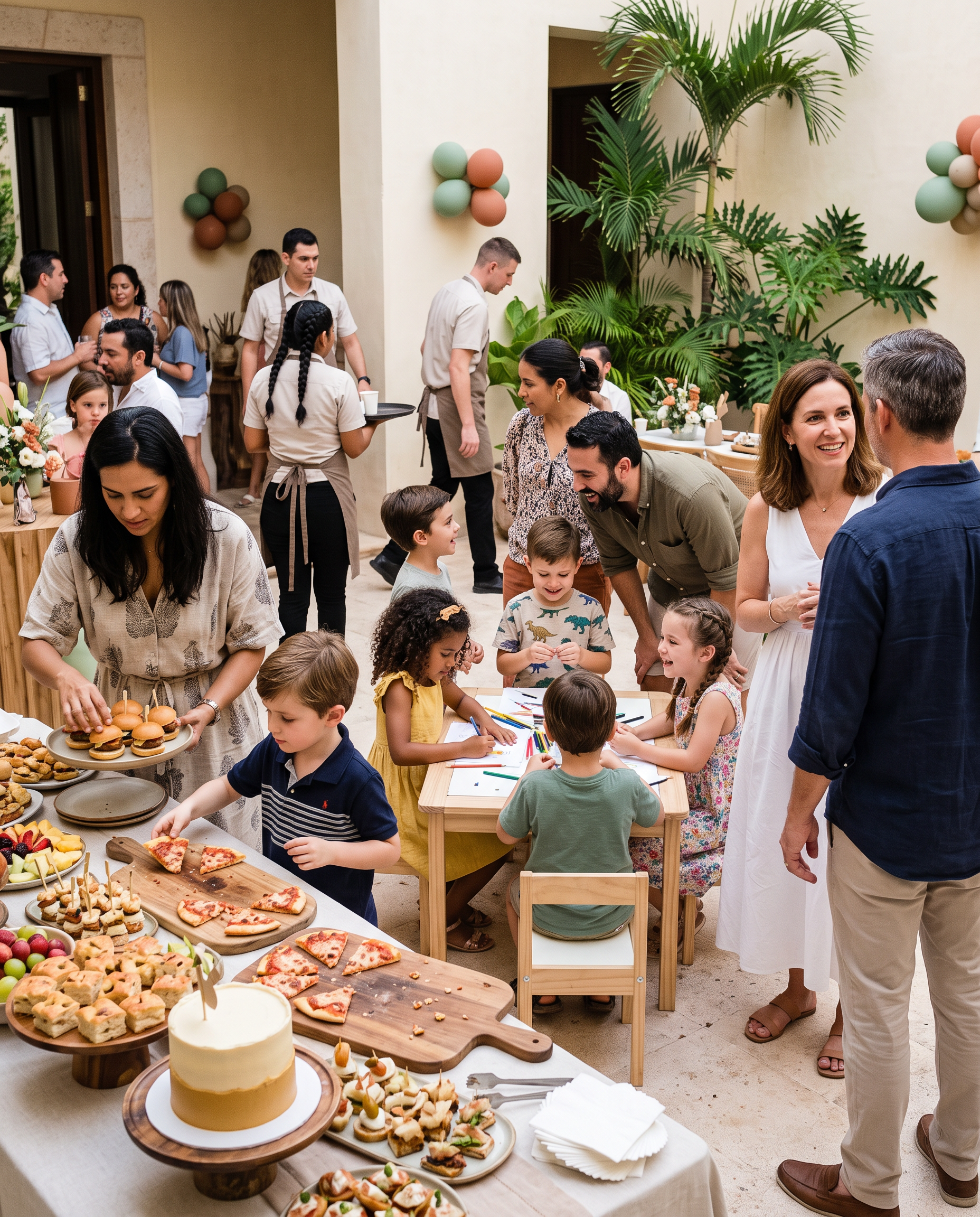 Familias e invitados compartiendo alimentos durante una celebración.