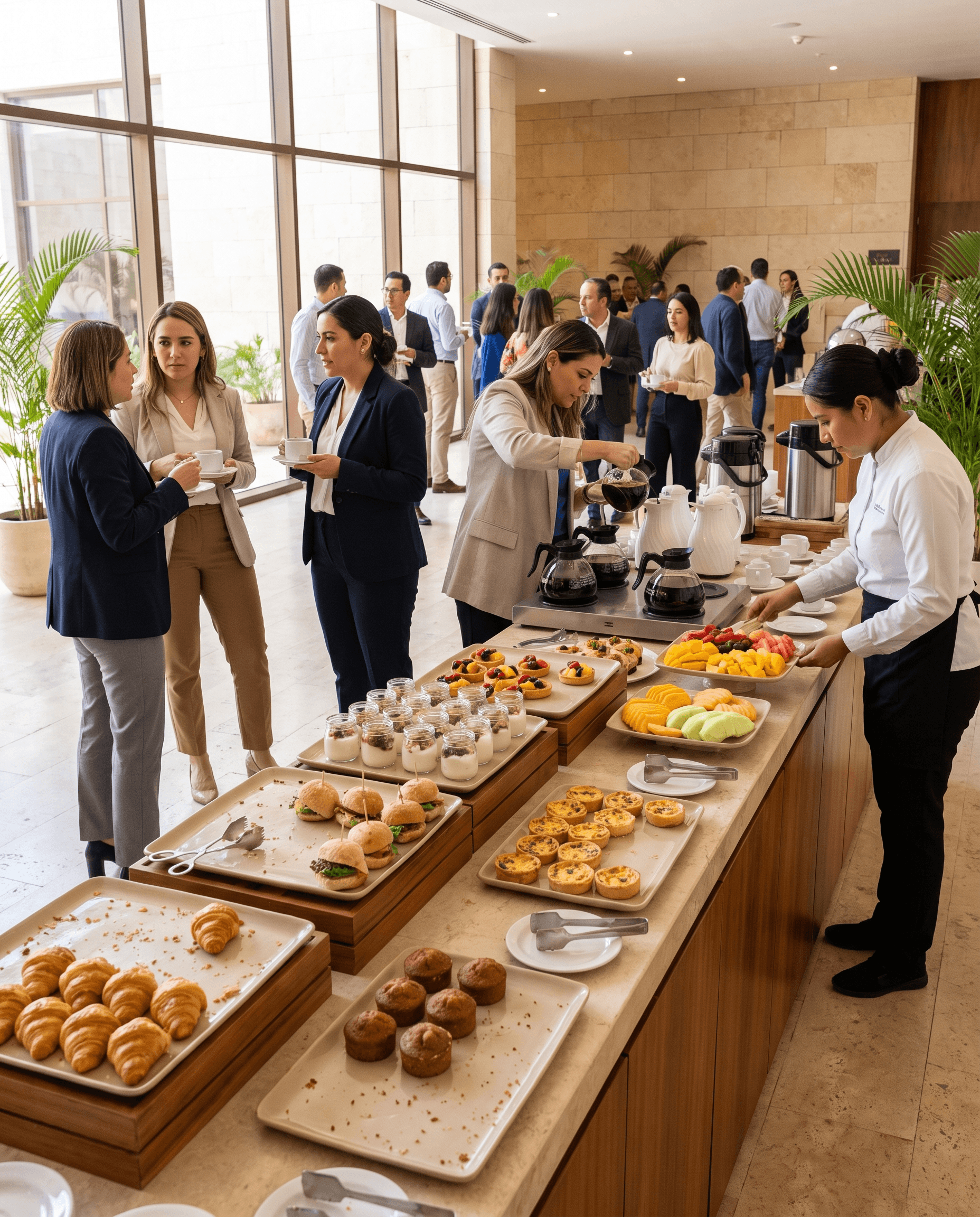 Barra larga de coffee break corporativo con charolas de croissants, panqués, sándwiches pequeños, empanadas y fruta en rebanadas, termos y jarras de café al fondo, una persona del equipo de servicio con camisa blanca acomodando una charola y grupos de asistentes en traje conversando con tazas en la mano dentro de un vestíbulo de ventanales altos.
