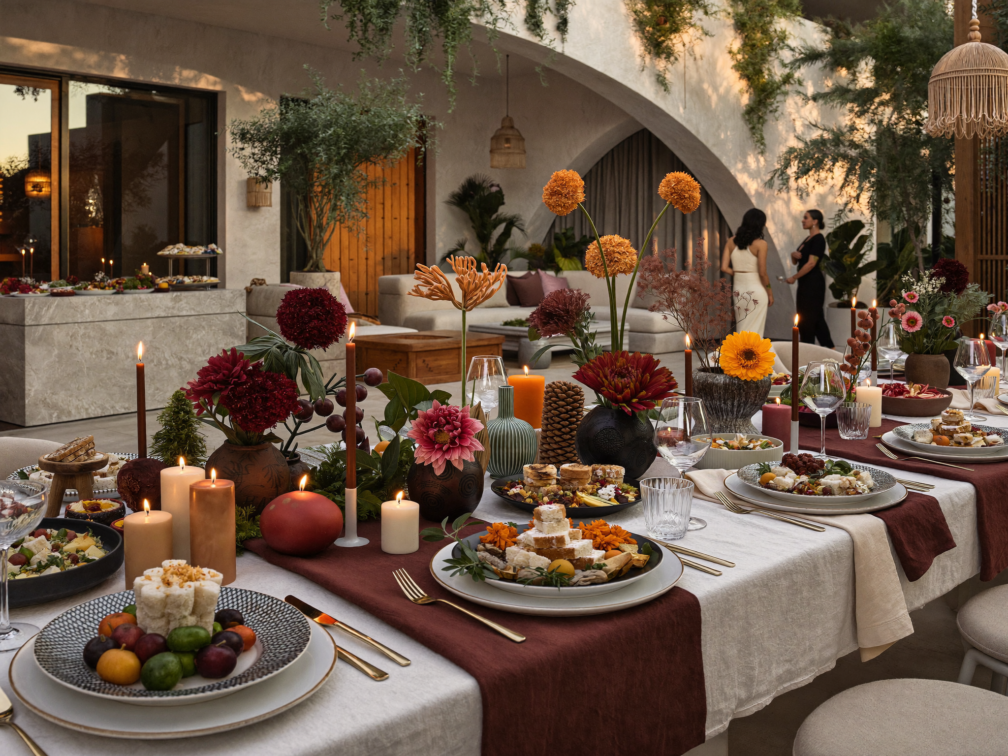 Mesa larga de cena al aire libre con mantel blanco y camino granate, velas encendidas, centros de dalias y flores de cempasúchil, platos de quesos y frutas servidos, y dos invitadas conversando al fondo bajo un arco.
